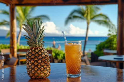 Refreshing Pineapple Drink on a Table With a Whole Pineapple in a Tropical Be...