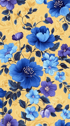 Beautiful Floral Pattern With Blue and Purple Flowers on Yellow Background