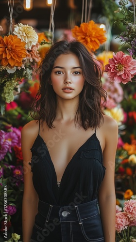 Young Woman Poses Gracefully Among Vibrant Flowers in a Natural Setting