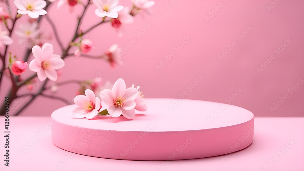 Spring background with cylindrical podium for promotion. Round stage for product sales presentation. Stage pedestal or platform between delicate pink flowers on a pastel backdrop