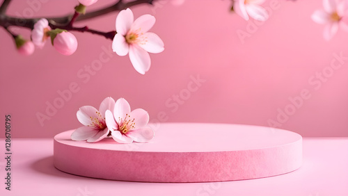 Obraz na płótnie Spring background with cylindrical podium for promotion. Round stage for product sales presentation. Stage pedestal or platform between delicate pink flowers on a pastel backdrop w salonie