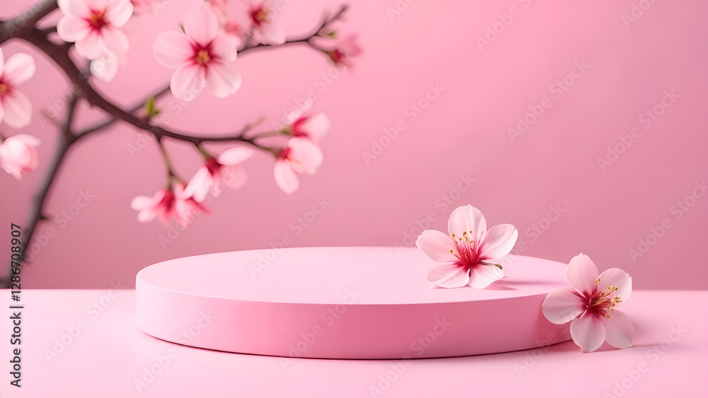 Spring background with cylindrical podium for promotion. Round stage for product sales presentation. Stage pedestal or platform between delicate pink flowers on a pastel backdrop