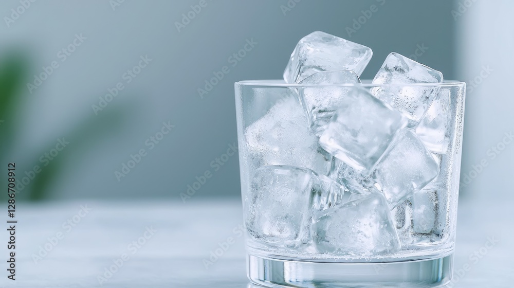 Ice cubes in glass on table, blurred background Ice cubes in glass on table, blurred background