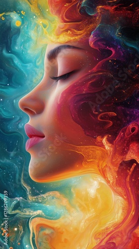 Vibrant Abstract Portrait of a Woman Lost in Emotion and Color in a Captivati...