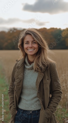 Smiling Woman With Curly Hair in a Flower Field During a Sunny Day in Summer