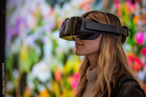 Young Woman Exploring Virtual Reality in a Colorful Immersive Environment at ...