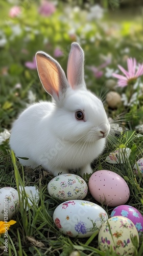 Cute White Bunny Sitting Among Colorful Easter Eggs and Flowers in a Garden S...