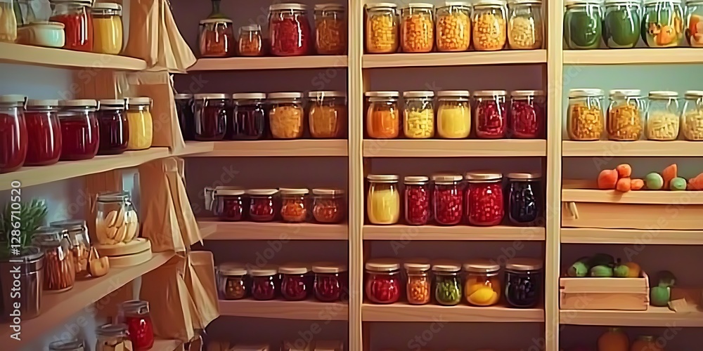 Home food storage room. Various jars with Home Canning Fruits and Vegetables jam on shelves. Orginized pantry items Home food storage room. Various jars with Home Canning Fruits and Vegetables jam on shelves. Orginized pantry items