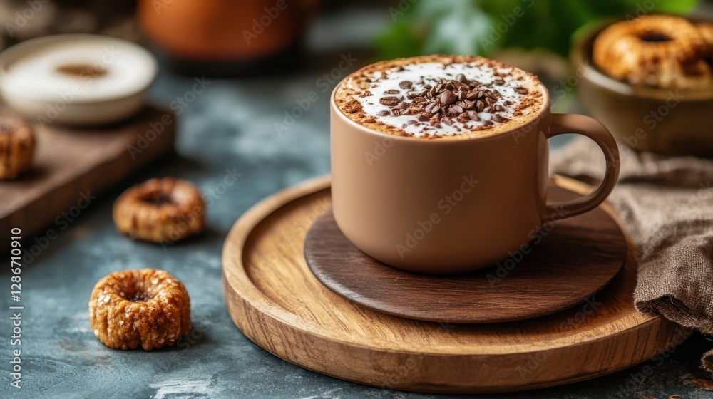 A steaming cup of coffee topped with rich chocolate sits elegantly on a rustic wooden plate, inviting indulgence and warmth. A steaming cup of coffee topped with rich chocolate sits elegantly on a rustic wooden plate, inviting indulgence and warmth.