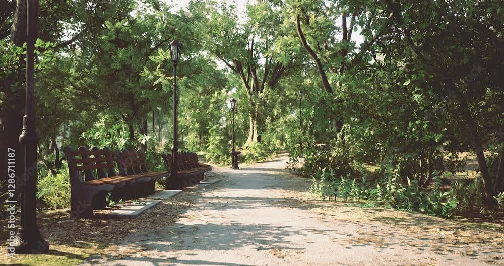 A tranquil park pathway meanders through lush greenery, with benches arranged along the sides and lampposts providing soft light beneath a clear blue sky. A tranquil park pathway meanders through lush greenery, with benches arranged along the sides and lampposts providing soft light beneath a clear blue sky.
