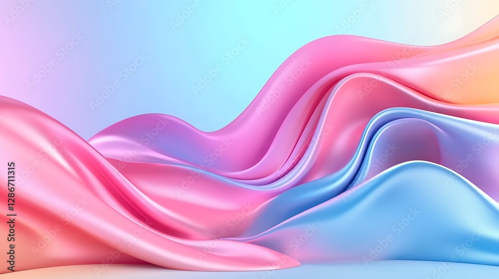 Fototapeta premium Fluid Pastel Pink and Blue 3D Render: Abstract Waves of Shimmering Fabric AI Generated