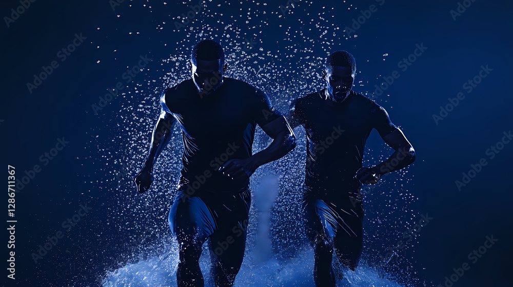 Dynamic Duo: Two athletes sprinting forward with power and determination, amidst a dramatic splash, embodying the essence of speed, strength, and teamwork Dynamic Duo: Two athletes sprinting forward with power and determination, amidst a dramatic splash, embodying the essence of speed, strength, and teamwork