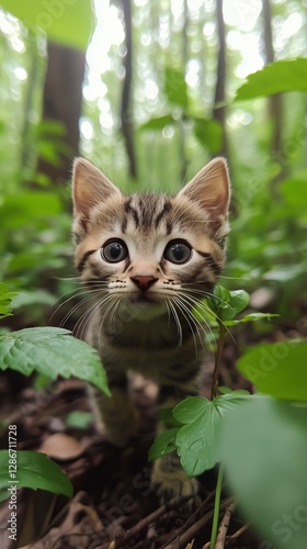Adorable Kitten Exploring Green Forest Undergrowth During Daytime