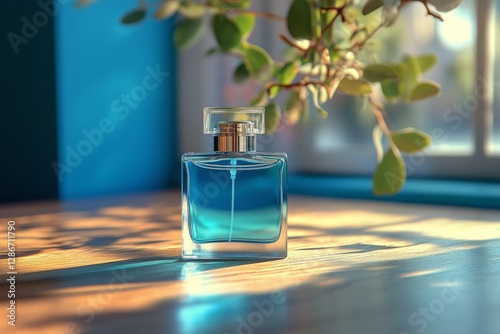 Elegant Blue Perfume Bottle Displayed on Wooden Table With Sunlight Filtering...