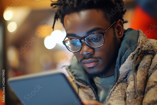 Young Man Intently Studying a Smartphone Screen in a Dimly Lit Environment at...