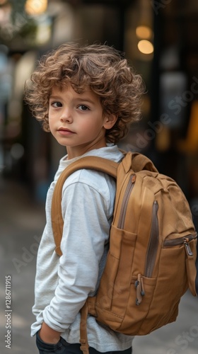 Young Child With Curly Hair Walks Through City Street Carrying a Backpack in ...
