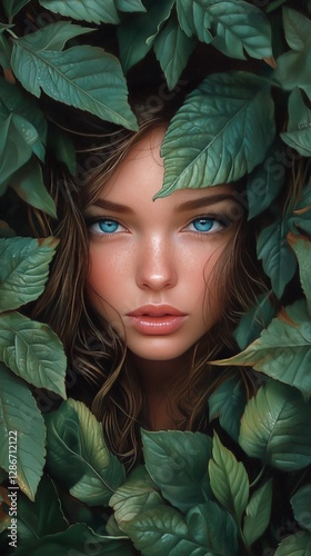 Woman With Striking Blue Eyes Surrounded by Lush Green Leaves in a Tranquil S...