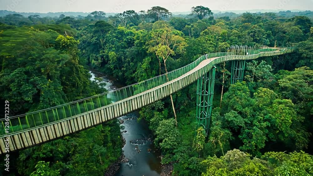 A green suspension bridge over a dense tropical forest with lush foliage and a river. A green suspension bridge over a dense tropical forest with lush foliage and a river.