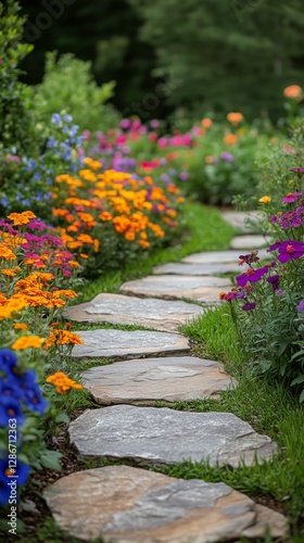 Brightly Colored Flowers Line a Stone Pathway Through a Vibrant Garden Full o...