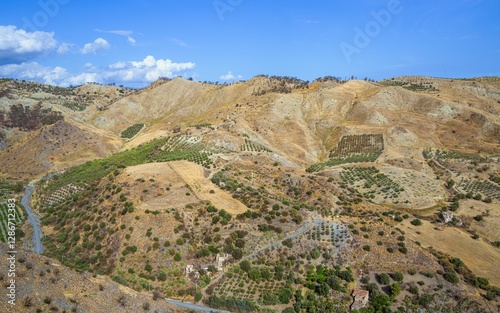 Olive groves and mountains around Ghost Town, Pentedattilo Village, Calabria, Italy, Europe photo