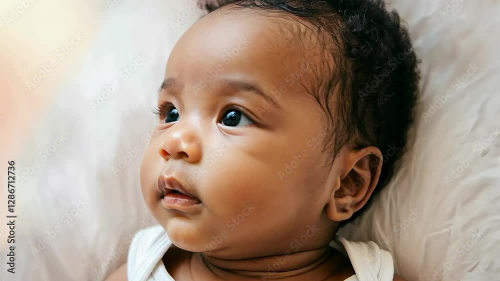 Curious baby looking around while lying on a soft surface Curious baby looking around while lying on a soft surface