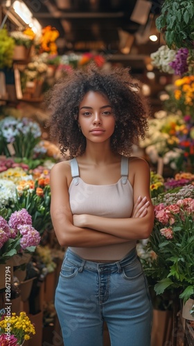 Young Woman Poses Confidently Among Vibrant Flower Arrangements in a Florist ...