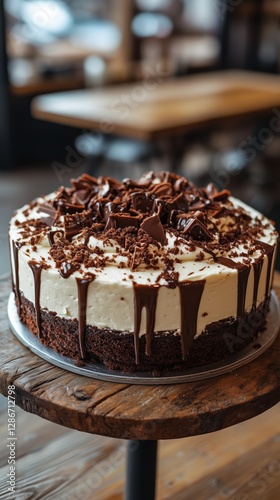 Delicious Creamy Cake With Crumb Topping Displayed on Wooden Stand in Cafe Se...
