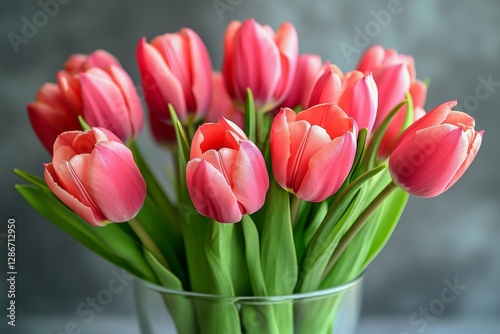 Beautiful Bouquet of Pink Tulips Displayed Elegantly in a Glass Vase on a Woo...