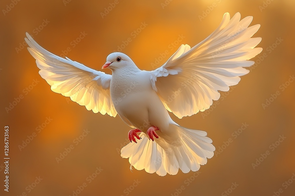 Fototapeta premium White dove flying in sky with sun rays