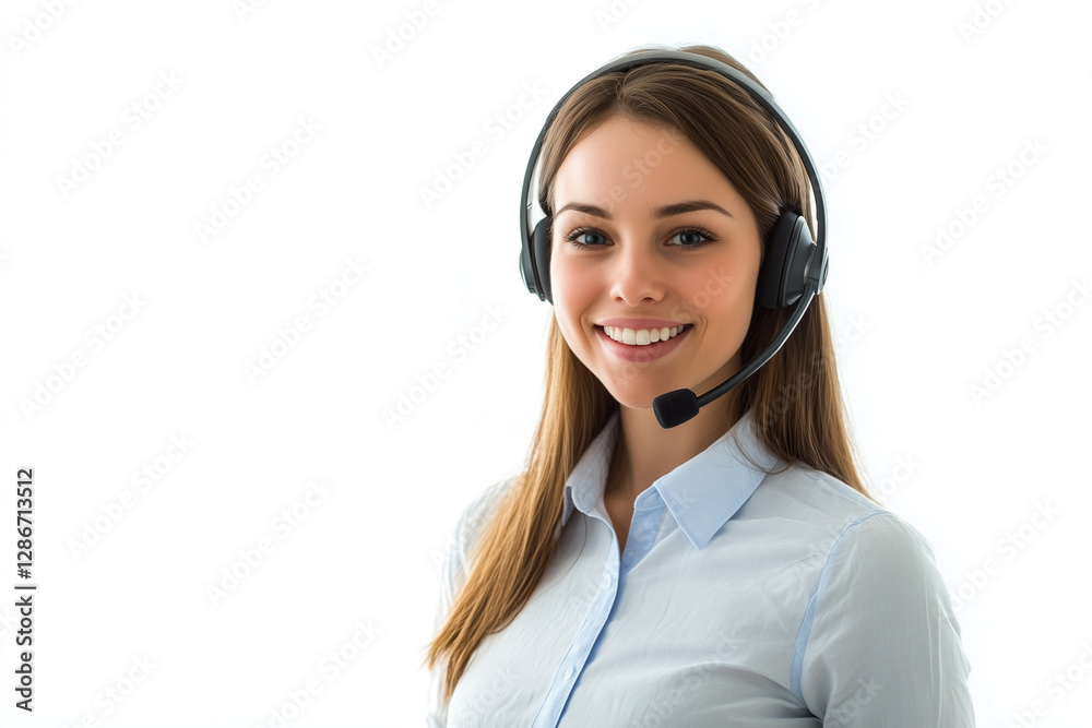 Smiling female call center operator wearing a headset, isolated on white background Smiling female call center operator wearing a headset, isolated on white background