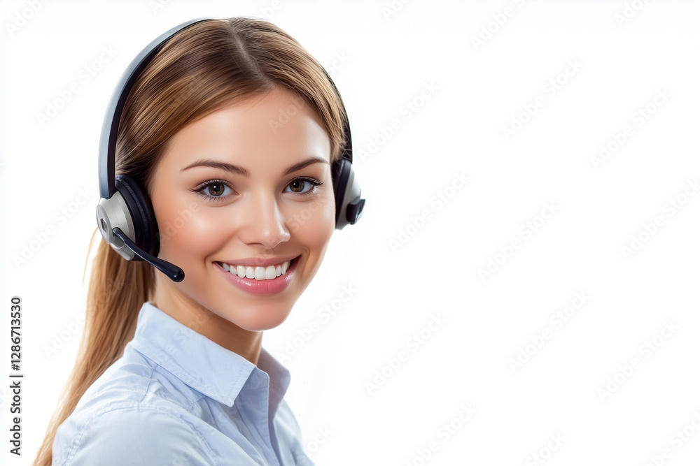 Smiling female call center operator wearing a headset, isolated on white background Smiling female call center operator wearing a headset, isolated on white background