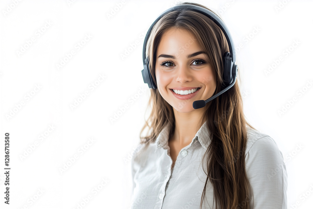 Smiling female call center operator wearing a headset, isolated on white background Smiling female call center operator wearing a headset, isolated on white background