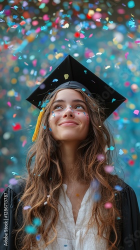 Celebration of Graduation With Colorful Confetti and a Joyful Graduate Smilin...