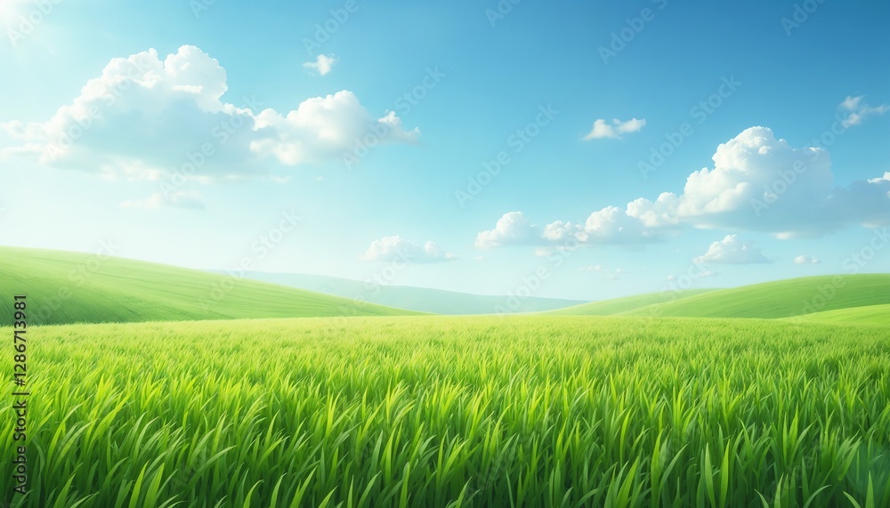 Lush green grass field with bright sky and soft clouds in a serene landscape Lush green grass field with bright sky and soft clouds in a serene landscape