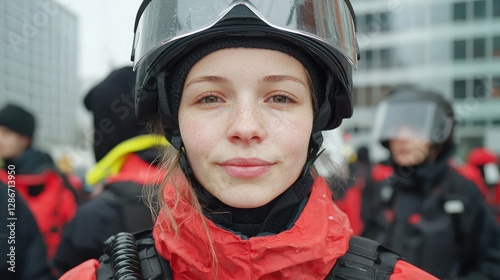 Young Woman in Protective Gear, City Background, Ready for Action, Portrait Use photo