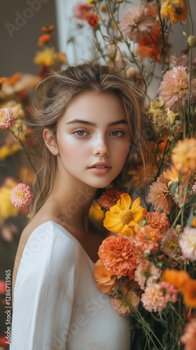 Young Woman Poses Gracefully Among Vibrant Flowers in a Natural Setting