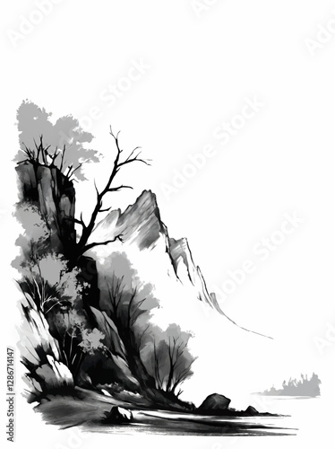 landscape sketch with trunks, scubs and rockse vecto illustration with blank area for insertion