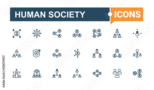 Human Society icons set. Containing psychology, sociology, society, business, medicine, network, degree, law, academic. Line symbol. Vector outline and solid icons collection.