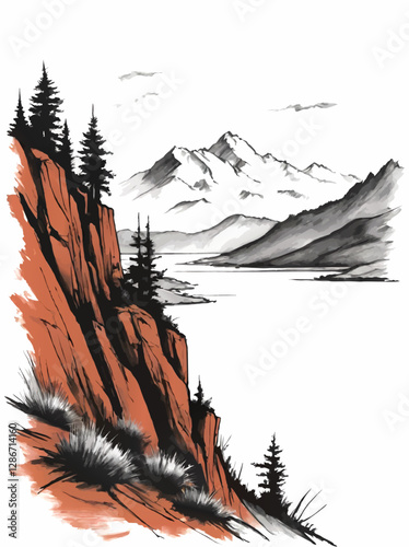 landscape vector illustration with, river, rocks and firs and white area for insertion