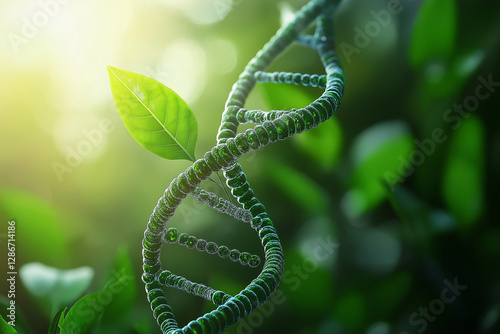 Concept of green biotechnology or synthetic biology, graphic of plant with DNA