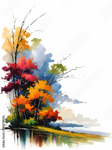 watercolor landscape trees and shrubbery on a lake vector illustration with white area for insertion