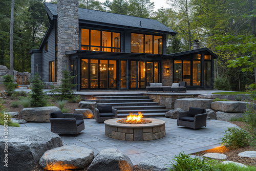 Photographie immobilière extérieure d’un jardin moderne avec terrasse minimaliste, éclairage LED et brasero élégant. HDR, 3D, design, tendance, architecte