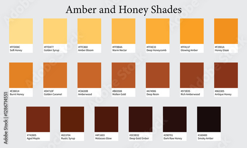 Color Palette 20 Shades of Amber and Honey - Dark Yellow, Warm, Golden, Caramel Colors - with HEX Codes and Names, Colour Swatches and Combinations