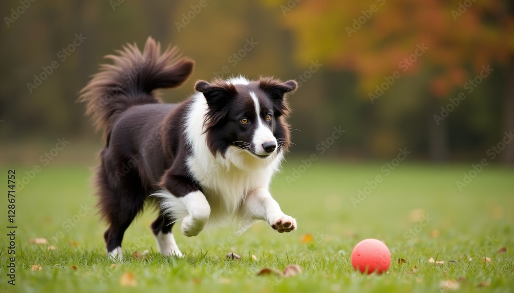 Playful border collie running on a grassy field towards a red ball. Pets, outdoor activities, and seasonal changes. Playful border collie running on a grassy field towards a red ball. Pets, outdoor activities, and seasonal changes.
