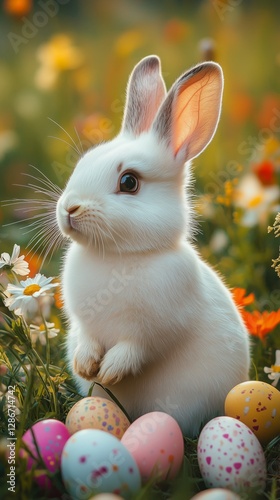 Cute White Bunny Sitting Among Colorful Easter Eggs and Flowers in a Garden S...