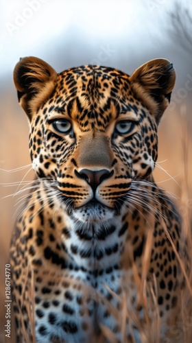 Majestic Leopard Gazes Intensely in Golden Grasslands During Sunset