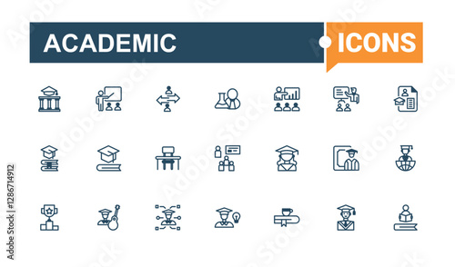 Academic line icons set. Contains such icons as training, student, university, digital, man, seminar and more. Outline icon. Editable vector outline and solid icons.