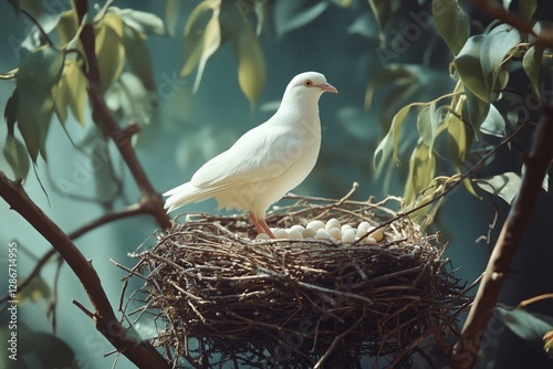 White Bird Nesting With Eggs Among Branches of Blossoming Flowers in Early Sp...
