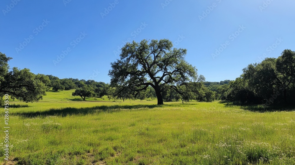 A majestic oak tree stands alone in a vibrant green field under a clear blue sky. A majestic oak tree stands alone in a vibrant green field under a clear blue sky.