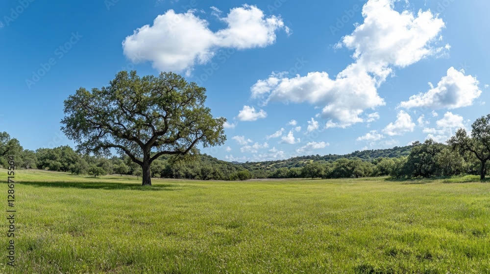 Vibrant landscape featuring a majestic oak tree under a clear blue sky with fluffy clouds, evoking serenity and tranquility. Vibrant landscape featuring a majestic oak tree under a clear blue sky with fluffy clouds, evoking serenity and tranquility.